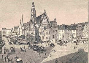 Bild des Verkufers fr Das Rathaus in Breslau. Schne Ansicht von einer kleinen Anhhe aus mit den umliegenden Husern. zum Verkauf von Antiquariat Hild