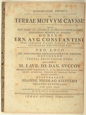 Bild des Verkufers fr Dissertatio Physica De Terrae Motuum Caussis. zum Verkauf von Antiq. F.-D. Shn - Medicusbooks.Com