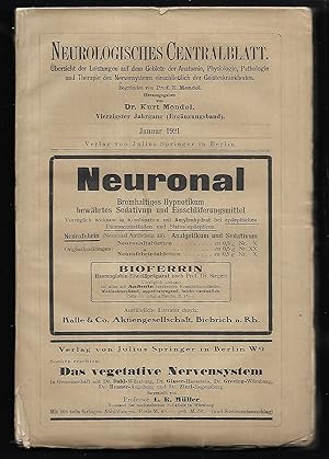 Imagen del vendedor de Neurologisches Centralblatt. bersicht der Leistungen auf dem Gebiete der Anatomie, Physiologie, Pathologie und Therapie des Nervensystems einschlielich der Geisteskrankheiten. 40.Jahrgang. (Ergnzungsband.) a la venta por Antiquariat Bibliomania