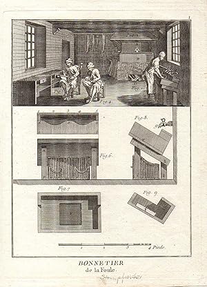 Denis Diderot und Jean-Baptiste le Rond d Alembert. Bonnetier de la Foule. Strumpffabrikant. Blat...