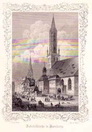 Jakobikirche. Stahlstich von M.Kurz, umgeben von ornamentaler Bordüre.
