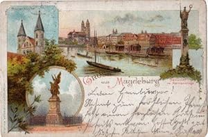 Bild des Verkufers fr Gruss aus Magdeburg. Vier Ansichten. Ansichtskarte in Farblithographie. Abgestempelt Magdeburg 28.05.1898. zum Verkauf von Antiquariat Heinz Tessin