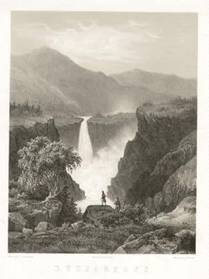 Rukjandfoss. Ansicht des Wasserfalls. Lithographie mit Tonplatte von J.Hellesen nach Mordt im Ver...