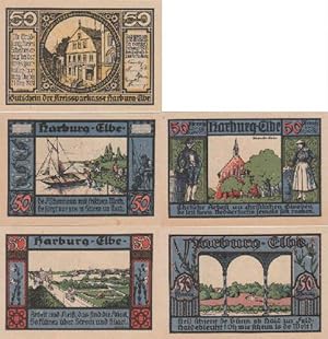 Bild des Verkufers fr Gutschein der Kreissparkasse Harburg-Elbe. Komplette Serie von 4 farbigen Notgeldscheinen ber je 50 Pfennig. zum Verkauf von Antiquariat Heinz Tessin