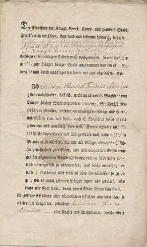 Bürgerbrief für den Kaufmann Christoph Heinrich Friedrich Schmidt (geboren 1772) aus Krazig in Po...