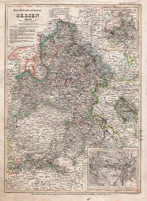 Kurfürstenthum Hessen 1834. Grenzkolorierte Stahlstichkarte mit 2 kleinen Nebenkarten und -plänen...