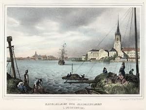 Kungsholmen mit der Insel Riddarholmen. ?Kungsholmen och Riddarsholmen i Stockholm". Kolorierte L...