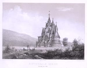 Hitterdals Kirke fra den östre Side. Ansicht der Stabkirche. Lithographie mit Tonplatte von E.Ves...
