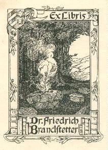 Exlibris für Dr. Friedrich Brandstetter. Klischéedruck von Lina Burger.
