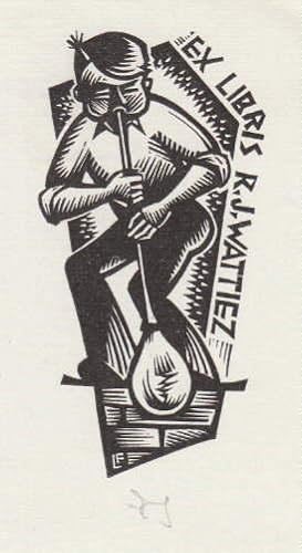 Exlibris für R.J.Wattiez. Linolschnitt von Frans Lasure, Nieuwkerke (Belgien), unten mit Bleistif...