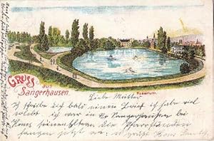 Gruss aus Sangerhausen. Rosarium. Ansichtskarte in Farblithographie. Abgestempelt Frankenhausen 2...