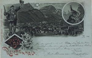 Ansichtskarte in Lithographie, auf blau gedruckt, mit roter Schrift. Gruss aus Bad Reichenhall. G...