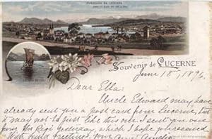 Seller image for Souvenir de Lucerne. 2 Ansichten (Panorame de Lucerne avec le Rigi et les Alpes, Barque du Lac). Ansichtskarte in Farblithographie. Abgestempelt Luzern 18.06.1896 - Ankunftsstempel Hamburg-Eimsbttel 20.06.1896. for sale by Antiquariat Heinz Tessin