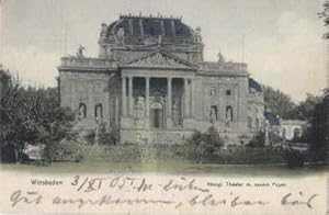 Bild des Verkufers fr Knigl. Theater m. neuem Foyer. Ansichtskarte in farbigem Lichtdruck. Abgestempelt Wiesbaden 03.11.1905. zum Verkauf von Antiquariat Heinz Tessin