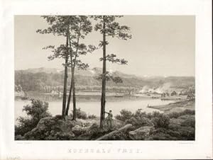 Espedals Vaerk. Ansicht mit dem Bergwerk und dem See. Lithographie mit Tonplatte von J.Hellesen n...