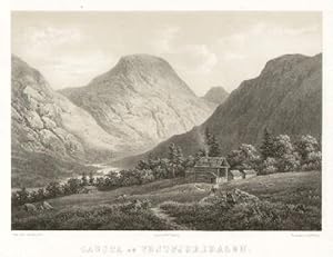 Gausta og Vestfjorddalen. Ansicht des Berges, im Vordergrund einige Hütten. Lithographie mit Tonp...