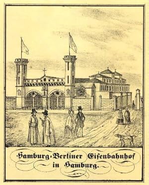 Hamburg-Berliner Eisenbahnhof in Hamburg. Kreidelithographie im Verlag Kühn, Neuruppin, auf gelbe...