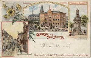 Gruss aus Duisburg. 3 Ansichten (Mittelschule, Mercator Denkmal, Poststrasse und Reichpost). Werb...