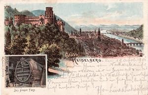 Bild des Verkufers fr Gruss aus Heidelberg. Zwei Ansichten (Gesamtansicht, Das grosse Fass). Ansichtskarte in Farblithographie. Abgestempelt Heidelberg 19.10.1901. zum Verkauf von Antiquariat Heinz Tessin