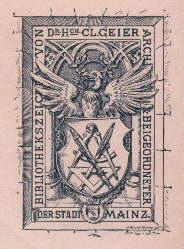 Bild des Verkufers fr Exlibris fr C.L.Geier, Archivbeigeordneter der Stadt Mainz. Klischedruck von Clemens Kissel. zum Verkauf von Antiquariat Heinz Tessin