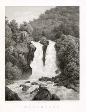 Hundefoss. Ansicht des Wasserfalls bei Yttrekrogen in Sogn. Lithographie mit Tonplatte von Eckers...