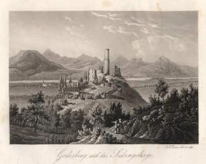 Ansicht der Ruine mit dem Siebengebirge. Aquatinta-Radierung von J.J.Tanner.