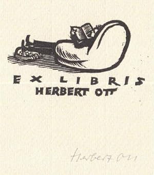 Exlibris für H. Ott. Holzschnitt auf Büttenpapier von Herbert Ott, unten mit Bleistift signiert.