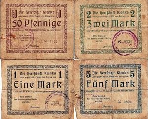 Geldschein der Herrschaft Klenka über Fünfzig Pfennig, Eine, Zwei und Fünf Mark.