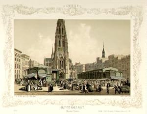 Hopfenmarkt mit Nicolai Kirche. Kolorierte Lithographie mit ornamentaler Bordüre von Wilhelm Heuer,