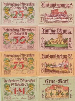 Notgeldschein der Stadt Neidenburg, Ostpreußen. 4 Scheine über 25, 50, 75 Pfennig und 1 Mark.