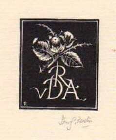 Bild des Verkufers fr Exlibris fr R.v.D.A. Holzschnitt von Pam G. Rueter, rechts unten mit Bleistift signiert. zum Verkauf von Antiquariat Heinz Tessin