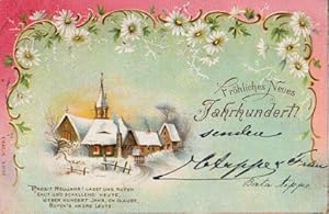 Fröhliches Neues Jahrhundert. Postkarte in farbiger Lithographie. Abgestempelt Hamburg 01.01.1900.