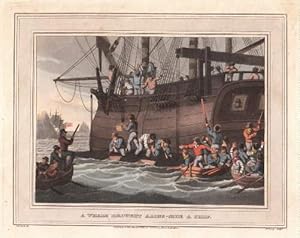 A Whale brought along-side a Ship. Kolorierter Aquatinta-Kupferstich von Dubourg nach J.H.Clark.