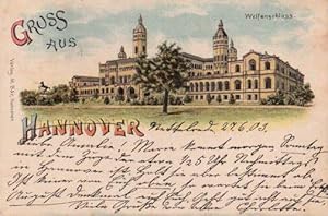 Bild des Verkufers fr Gruss aus Hannover. Welfenschloss. Ansichtskarte in farbiger Lithographie. Abgestempelt Mnden 27.06.1903. zum Verkauf von Antiquariat Heinz Tessin