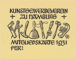 Imagen del vendedor de Blanko-Mitgliedskarte 1931 des Kunstgewerbeverein`s zu Hamburg. Holzschnitt auf gelber Pappe von Joshua Leander Gampp. a la venta por Antiquariat Heinz Tessin