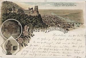 Gruss aus Heidelberg. Drei Ansichten (Gesamtansicht, Das grosse Fass, Perkeo). Ansichtskarte in F...