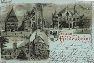 Bild des Verkufers fr Gruss aus Hildesheim. Vier Ansichten (Knochenhauer Amtshaus, Rathaus, Feste Stenerwald, Dom). Ansichtskarte in Photolithographie auf blauem Grund. zum Verkauf von Antiquariat Heinz Tessin