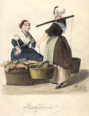 Fischfrauen. Kolorierte Lithographie im Verlag Berendsohn.