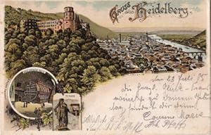 Gruss aus Heidelberg. Drei Ansichten (Gesamtansicht, Das grosse Fass, Perkeo). Ansichtskarte in F...