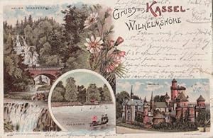 Gruss aus Kassel - Wilhelmshöhe. Drei Ansichten (Neuer Wassserfall, Auebassin, Loewenburg). Ansic...