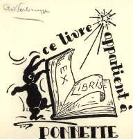 Imagen del vendedor de Exlibris fr Ponnette. Klischedruck von Geo Verbrugge, oben rechts mit Bleistift signiert. a la venta por Antiquariat Heinz Tessin