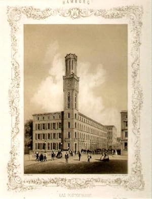 Das Postgebäude. Getönte Lithographie mit ornamentaler Bordüre von Wilhelm Heuer,