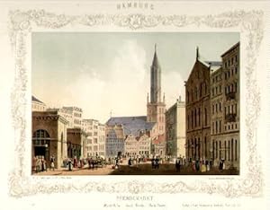 Pferdemarkt. Markthalle, Jacobi Kirche, Thalia - Theater. Kolorierte Lithographie mit ornamentale...