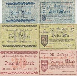 Notgeld der Stadt Elberfeld. 3 Gutscheine über 5, 10 und 20 Mark.