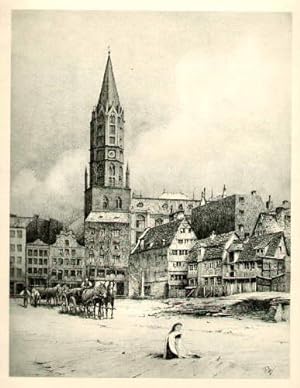 St. Jakobikirche in Hamburg mit umliegenden Häusern. Original-Radierung von Robert Wegener, in de...