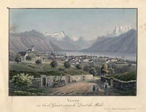 Bild des Verkufers fr Gesamtansicht (Vevey sur le lac d`Genve vers le Dent de Midi). Gouachierter Aquatinta-Kupferstich im Verlag von R. Dikenmann. zum Verkauf von Antiquariat Heinz Tessin