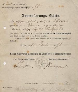 Ausmusterungs-Schein für den Tischler Friedrich August Pasche, geboren am 4. Februar 1845 zu Lebus.