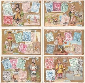 Image du vendeur pour Briefmarken II. 6 Bilder in Chromolithographie mit bedruckter Rckseite. mis en vente par Antiquariat Heinz Tessin