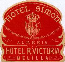 Immagine del venditore per Hotel Simon, Almeria. Hotel R.Victoria, Melilla. In rot gedruckt. venduto da Antiquariat Heinz Tessin