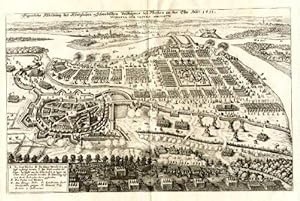 Ansicht aus der Vogelschau mit Umgebung und den schwedischen Truppen 1631. Kupferstich aus: Thea...